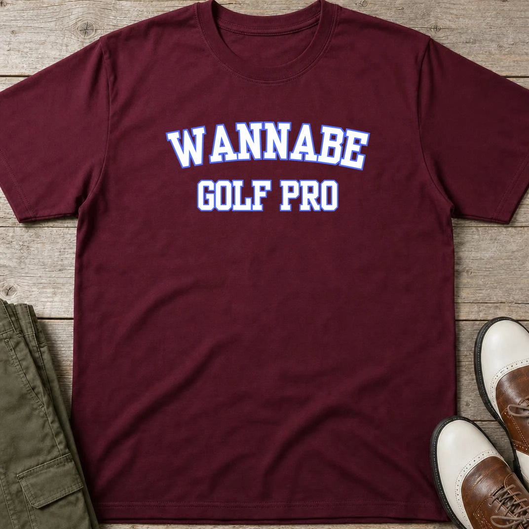 Wannabe II T-Shirt in Maroon lying on a plain floor. T-shirt is a unisex cut and 100 per cent cotton.
