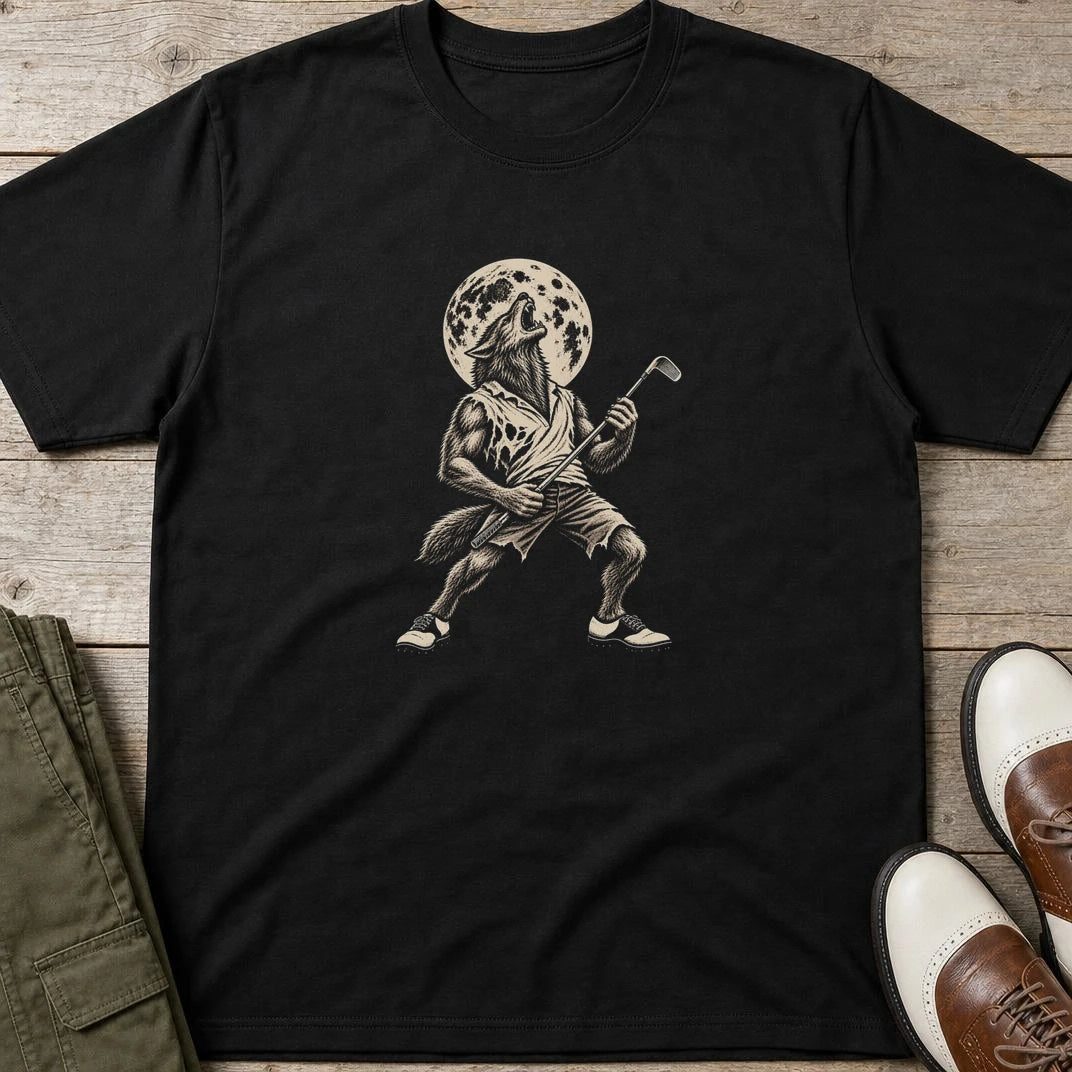 Werewolf Golfer T-Shirt in Black lying on a plain floor. T-shirt is a unisex cut and 100 per cent cotton.