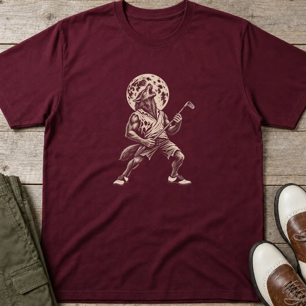 Werewolf Golfer T-Shirt in Maroon lying on a plain floor. T-shirt is a unisex cut and 100 per cent cotton.