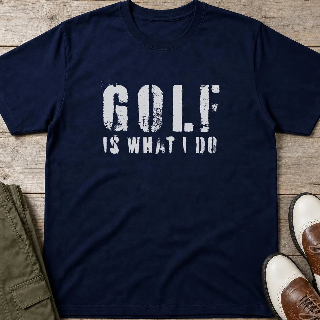 What I Do T-Shirt in Navy lying on a plain floor. T-shirt is a unisex cut and 100 per cent cotton.