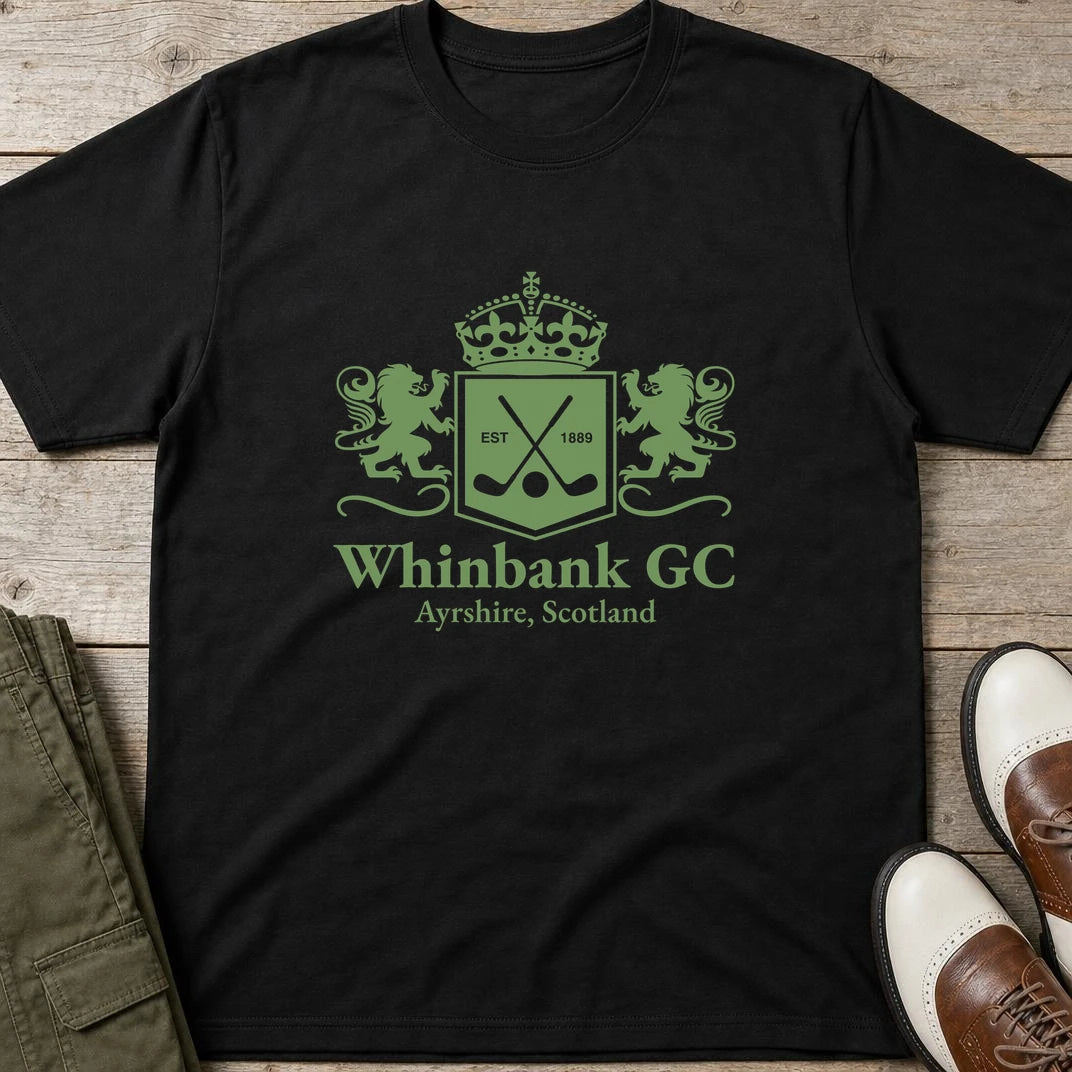 Whinbank GC T-Shirt in Black lying on a plain floor. T-shirt is a unisex cut and 100 per cent cotton.
