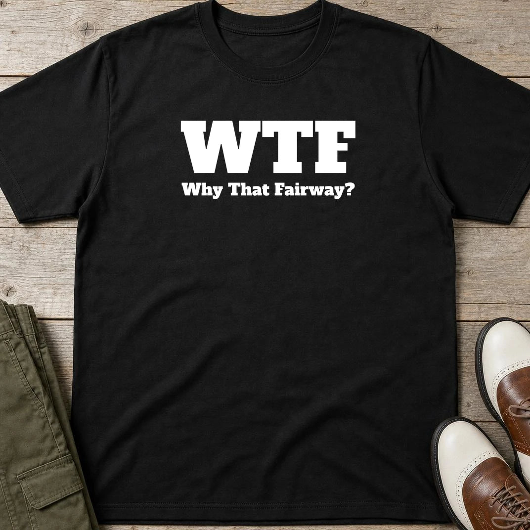 WTF T-Shirt in Black lying on a plain floor. T-shirt is a unisex cut and 100 per cent cotton.