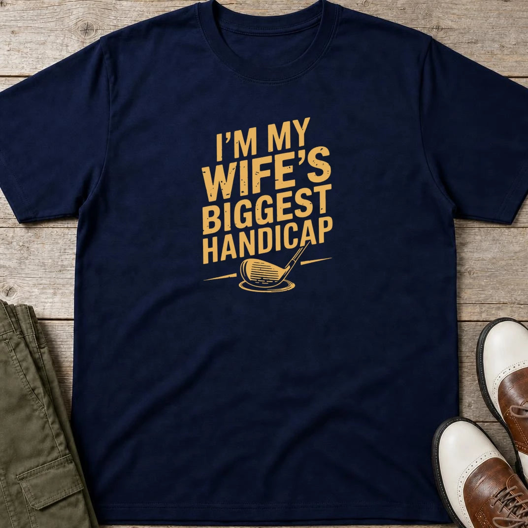 Biggest Handicap T-Shirt in Navy lying on a plain floor. T-shirt is a unisex cut and 100 per cent cotton.