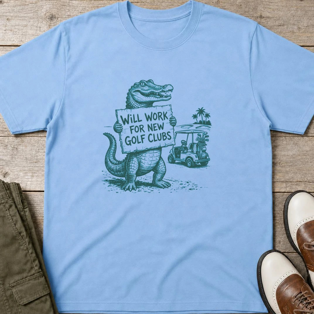 Will Work T-Shirt in Light Blue lying on a plain floor. T-shirt is a unisex cut and 100 per cent cotton.