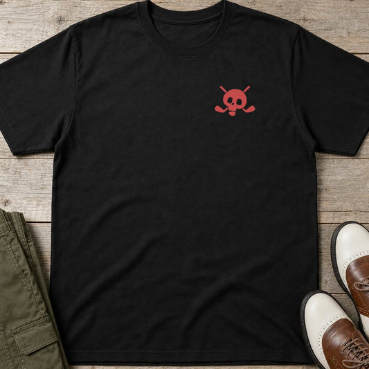 X-Bones Golf Pocket T-Shirt in Black lying on a plain floor. T-shirt is a unisex cut and 100 per cent cotton.
