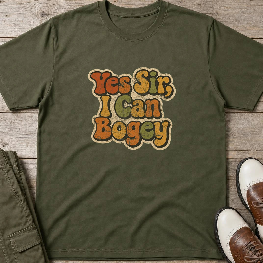 I Can Bogey T-Shirt in Military Green lying on a plain floor. T-shirt is a unisex cut and 100 per cent cotton.