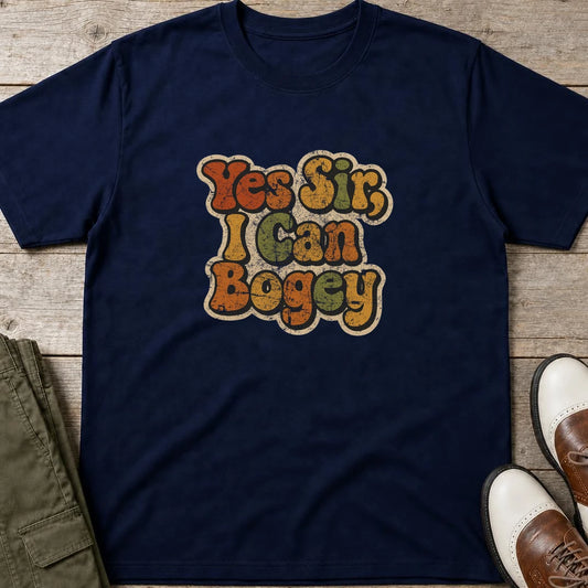 I Can Bogey T-Shirt in Navy lying on a plain floor. T-shirt is a unisex cut and 100 per cent cotton.