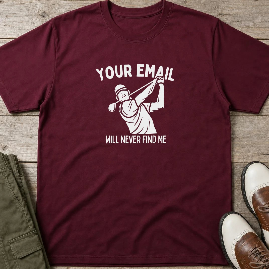 Your Email T-Shirt in Maroon lying on a plain floor. T-shirt is a unisex cut and 100 per cent cotton.