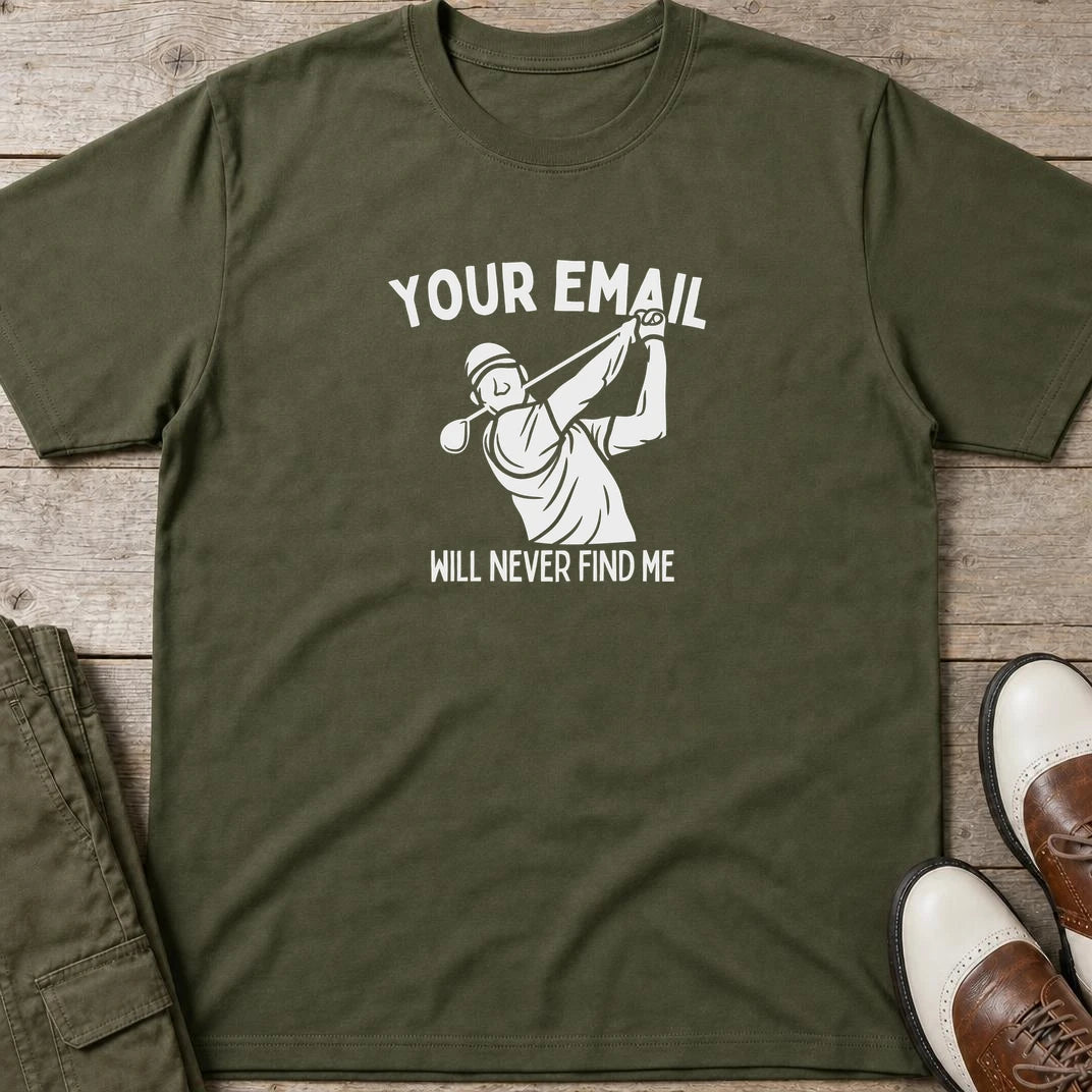 Your Email T-Shirt in Military Green lying on a plain floor. T-shirt is a unisex cut and 100 per cent cotton.