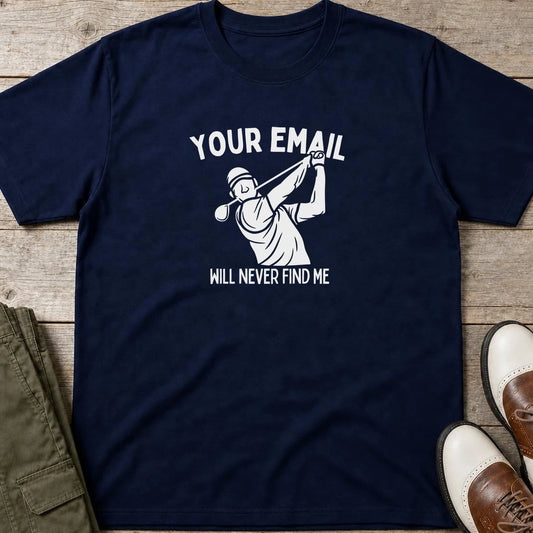 Your Email T-Shirt in Navy lying on a plain floor. T-shirt is a unisex cut and 100 per cent cotton.