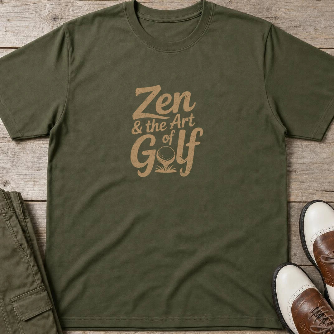 Zen Golf T-Shirt in Military Green lying on a plain floor. T-shirt is a unisex cut and 100 per cent cotton.