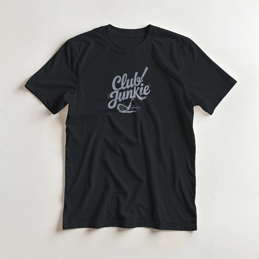 Club Junkie T-Shirt in Black S lying on a plain floor. T-shirt is a unisex cut and 100 per cent cotton.