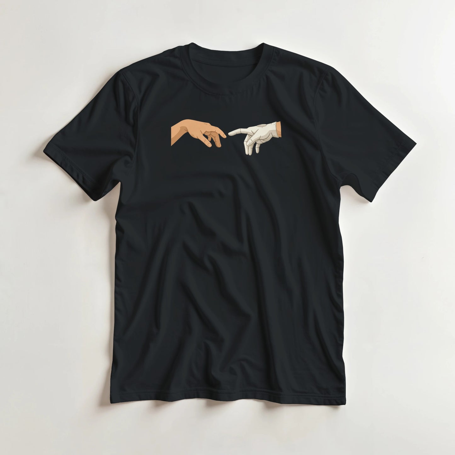 The Glove of God T-Shirt in Black lying on a plain floor. T-shirt is a unisex cut and 100 per cent cotton.