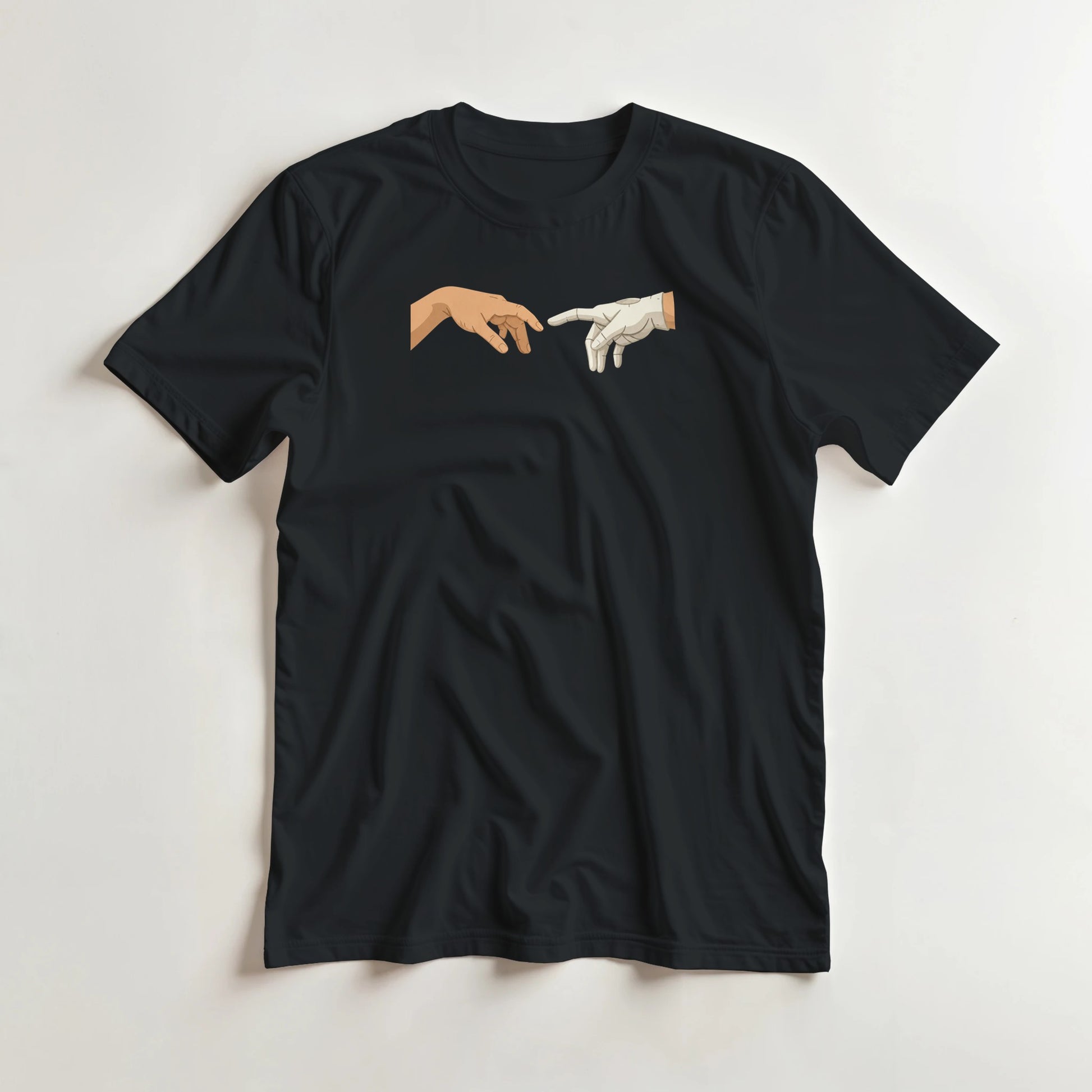 The Glove of God T-Shirt in Black lying on a plain floor. T-shirt is a unisex cut and 100 per cent cotton.