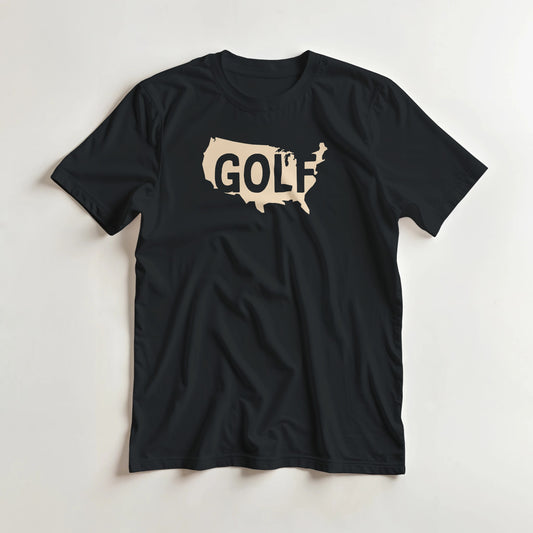 Golf USA T-Shirt in Black S lying on a plain floor. T-shirt is a unisex cut and 100 per cent cotton.