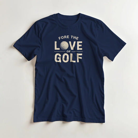 Love Of Golf T-Shirt in Navy lying on a plain floor. T-shirt is a unisex cut and 100 per cent cotton.