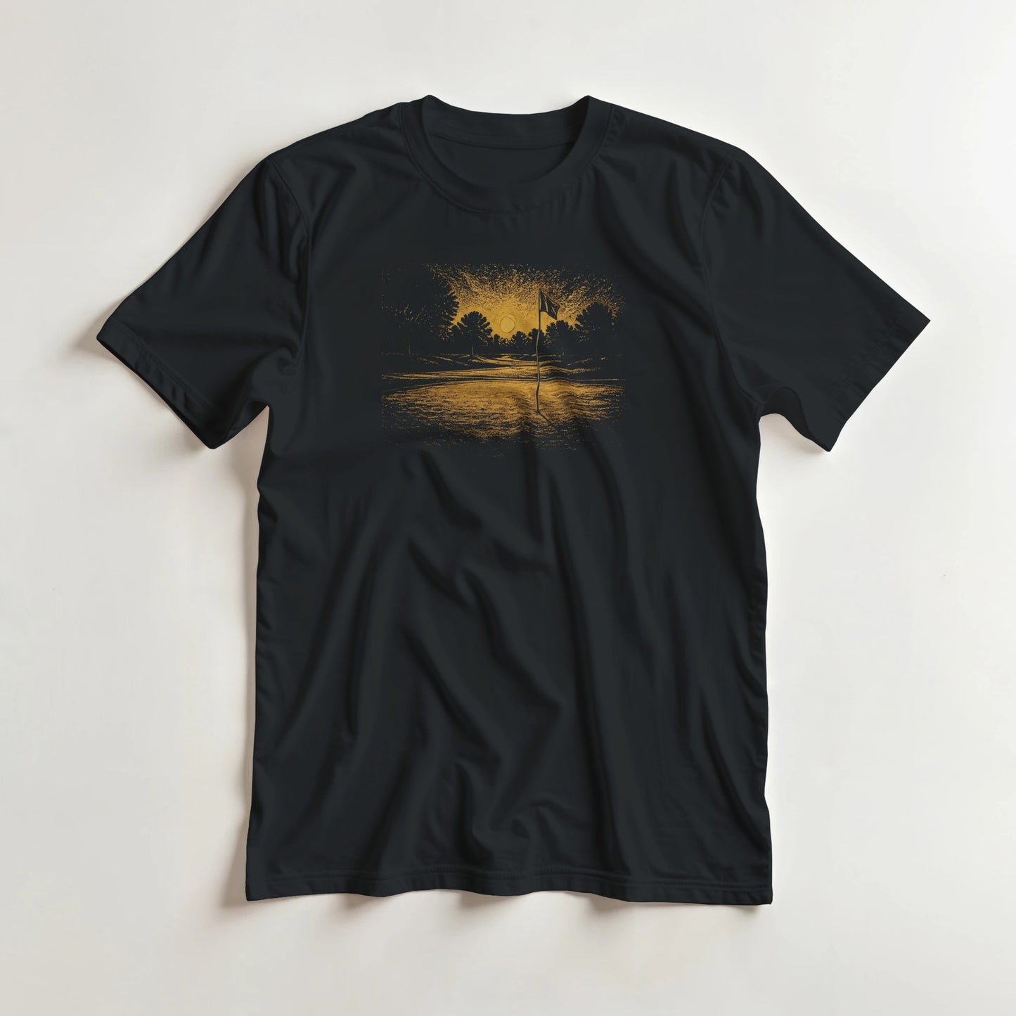 The Flag T-Shirt in Black lying on a plain floor. T-shirt is a unisex cut and 100 per cent cotton.