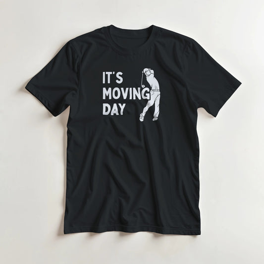 Moving Day T-Shirt in Black S lying on a plain floor. T-shirt is a unisex cut and 100 per cent cotton.