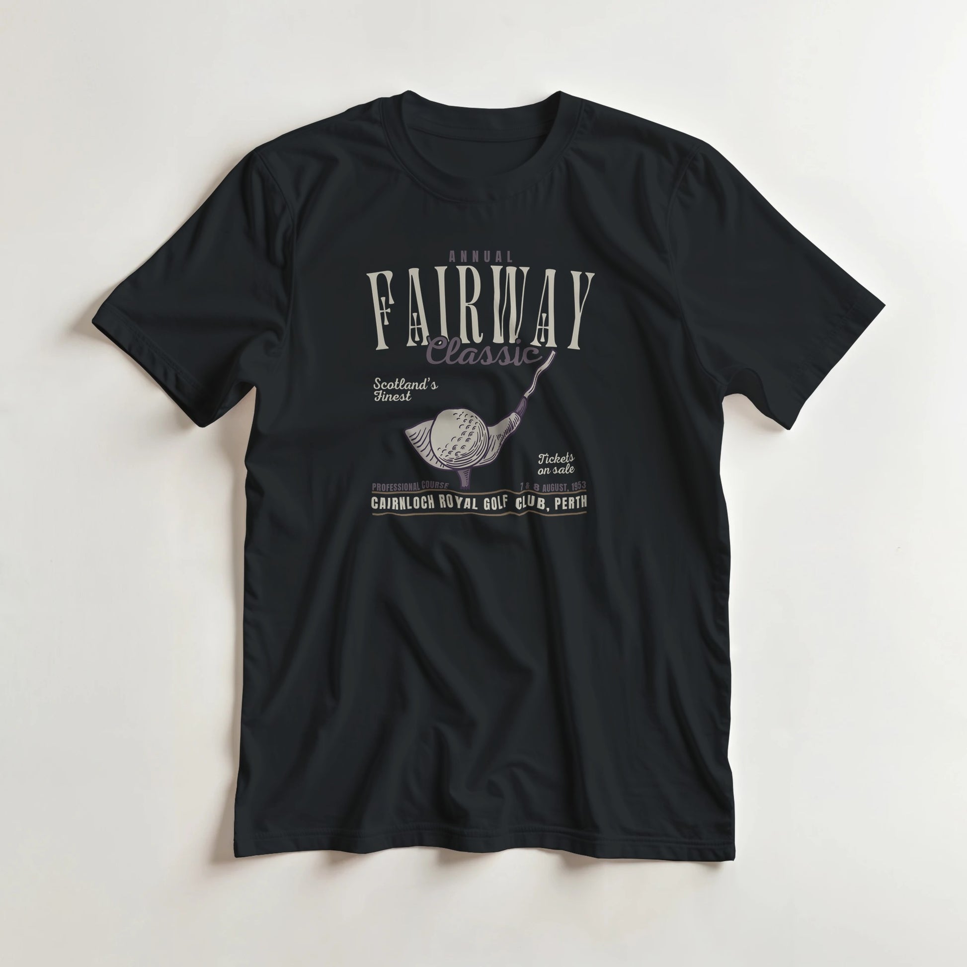 Fairway Classic T-Shirt in lying on a plain floor. T-shirt is a unisex cut and 100 per cent cotton.