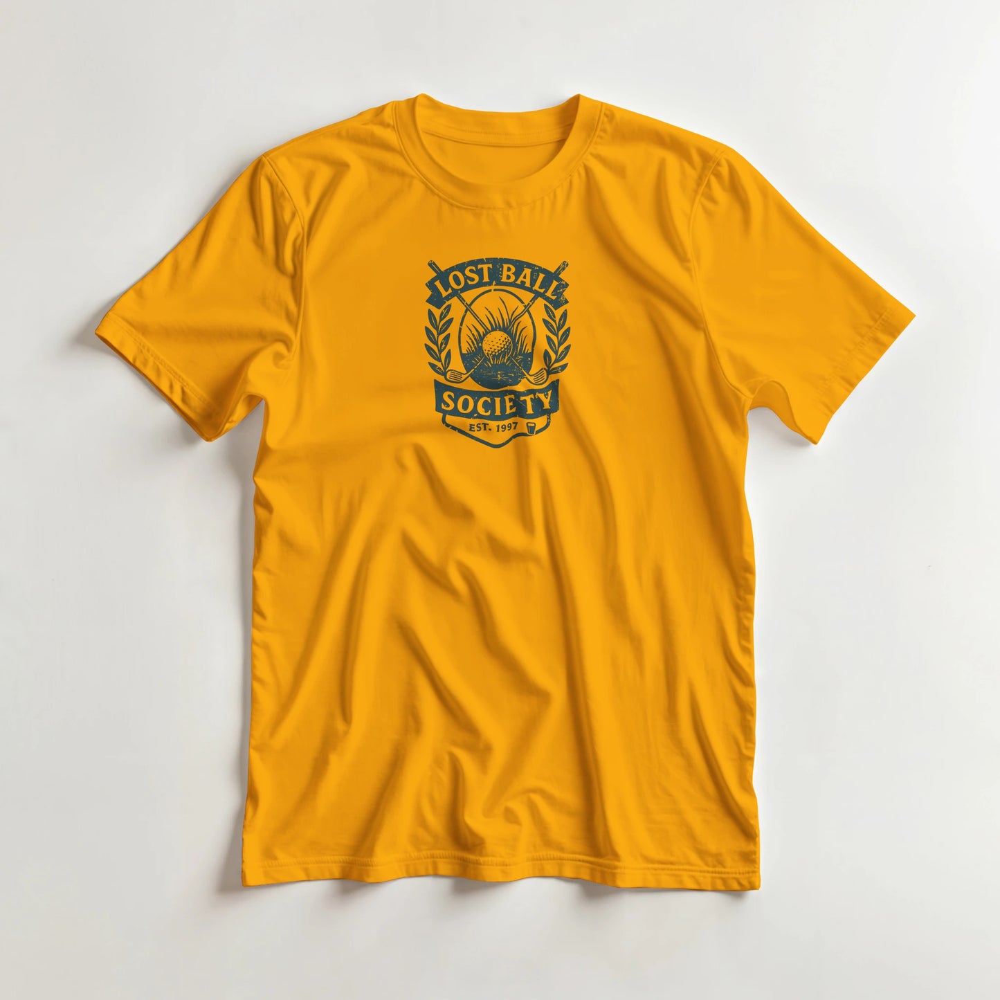 Lost Ball Society T-Shirt in Gold 2XL lying on a plain floor. T-shirt is a unisex cut and 100 per cent cotton.