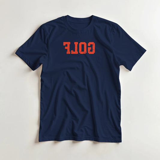 Golf Reverse T-Shirt in Navy S lying on a plain floor. T-shirt is a unisex cut and 100 per cent cotton.