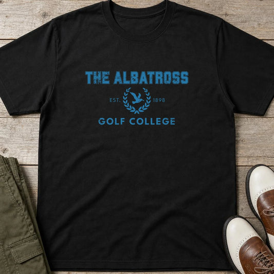 Albatross College T-Shirt in Black lying on a plain floor. T-shirt is a unisex cut and 100 per cent cotton.