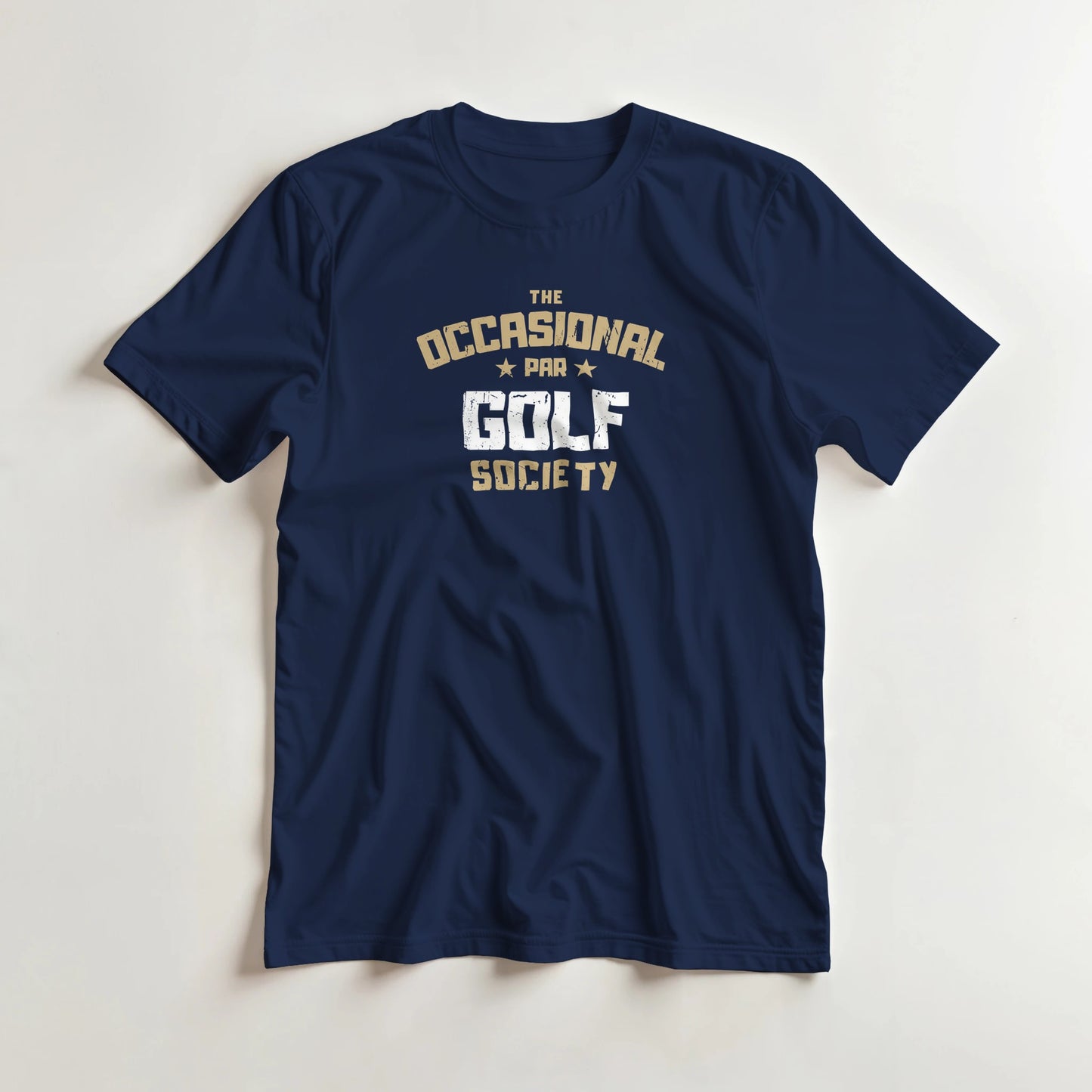 Occasional Par T-Shirt in Navy lying on a plain floor. T-shirt is a unisex cut and 100 per cent cotton.