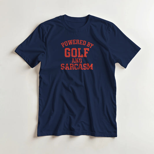 Powered By T-Shirt in Navy lying on a plain floor. T-shirt is a unisex cut and 100 per cent cotton.