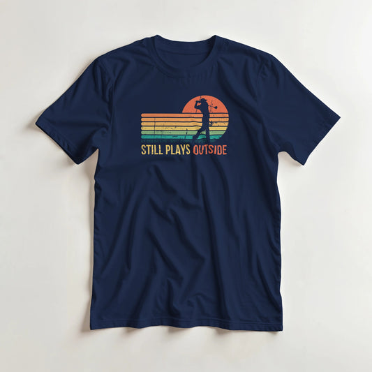 Plays Outside T-Shirt in Navy S lying on a plain floor. T-shirt is a unisex cut and 100 per cent cotton.