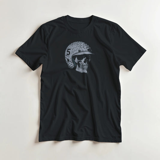 Skull Golfer T-Shirt in Black S lying on a plain floor. T-shirt is a unisex cut and 100 per cent cotton.