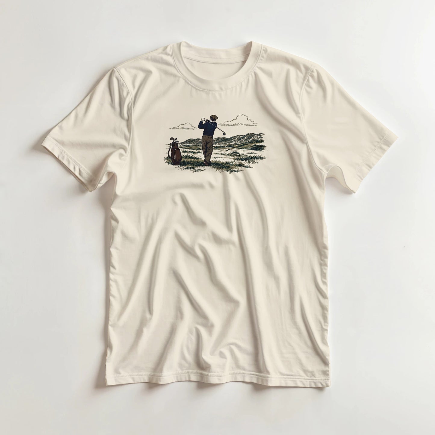 Brave Shot T-Shirt in Natural lying on a plain floor. T-shirt is a unisex cut and 100 per cent cotton.