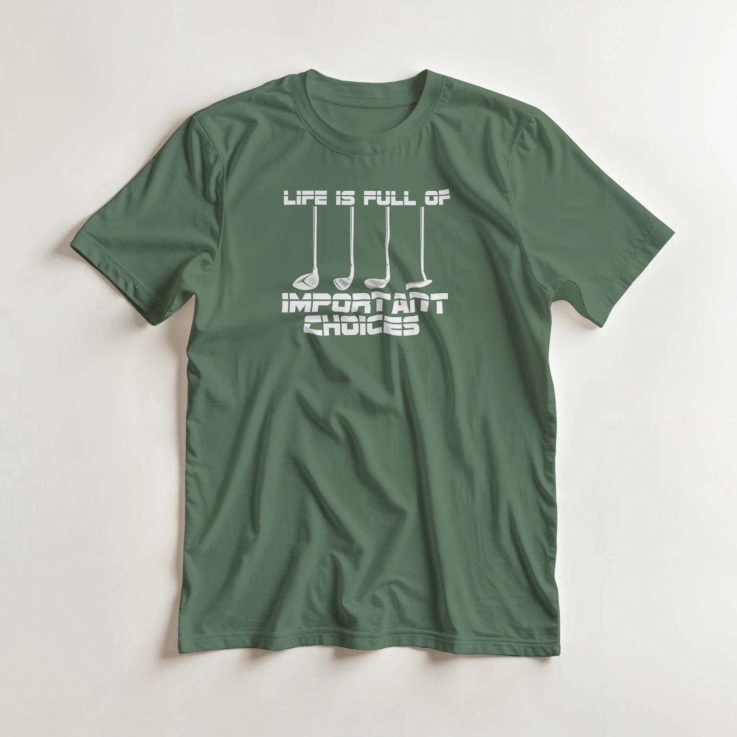 Important Choices T-Shirt in Military Green lying on a plain floor. T-shirt is a unisex cut and 100 per cent cotton.