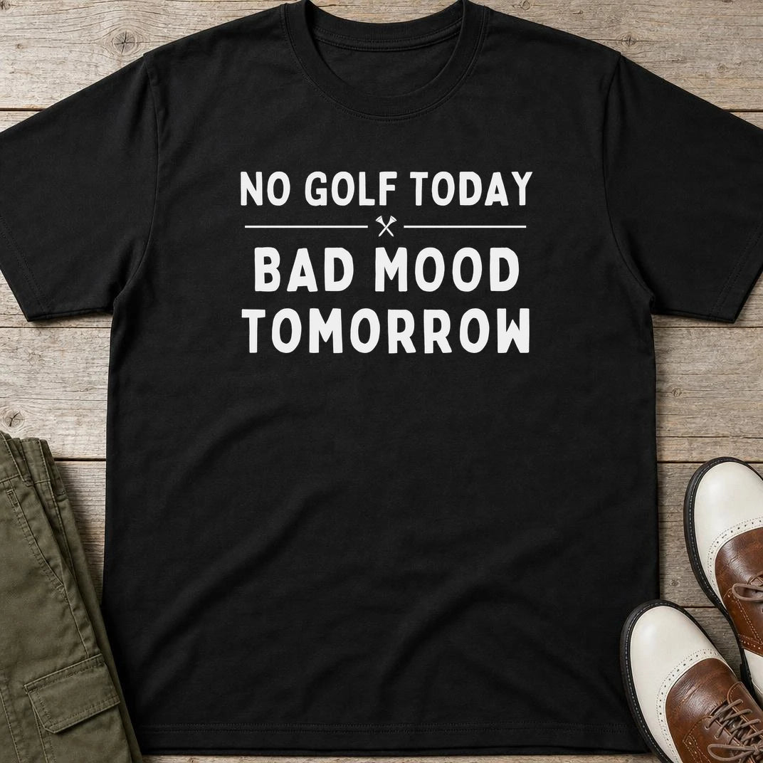 Bad Mood T-Shirt in Black lying on a plain floor. T-shirt is a unisex cut and 100 per cent cotton.