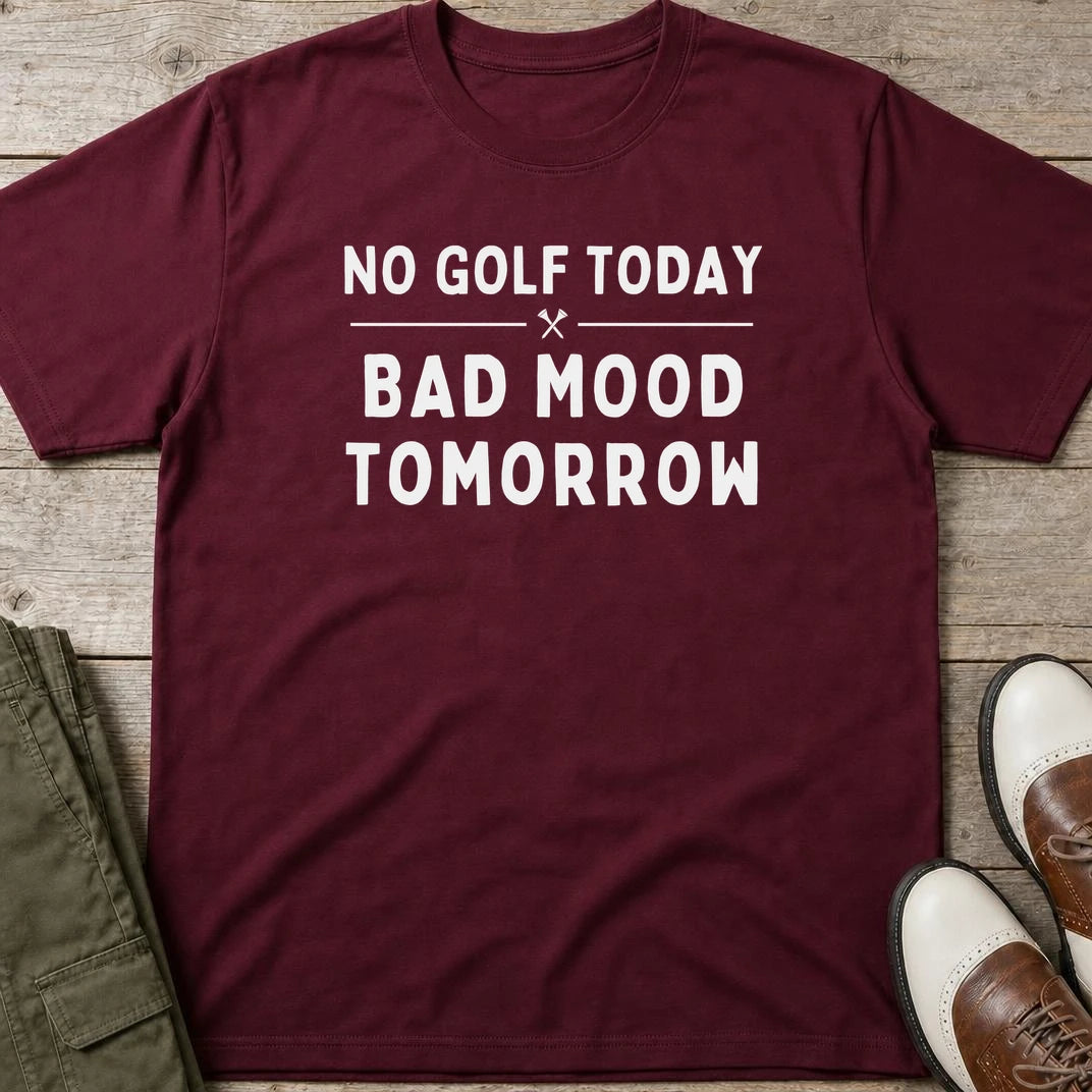 Bad Mood T-Shirt in Maroon lying on a plain floor. T-shirt is a unisex cut and 100 per cent cotton.