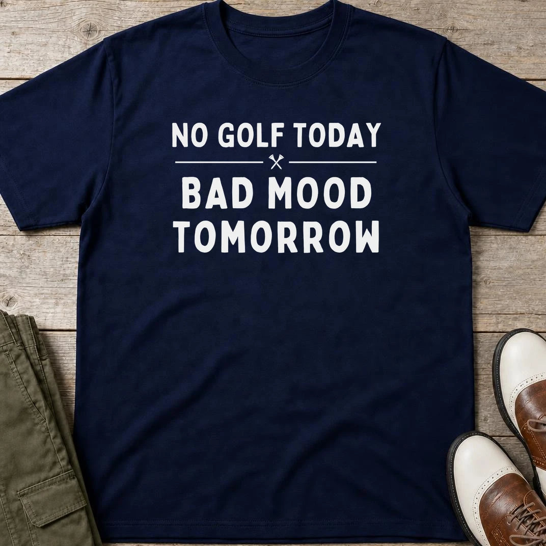 Bad Mood T-Shirt in Navy lying on a plain floor. T-shirt is a unisex cut and 100 per cent cotton.