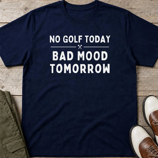 Bad Mood T-Shirt in Navy lying on a plain floor. T-shirt is a unisex cut and 100 per cent cotton.