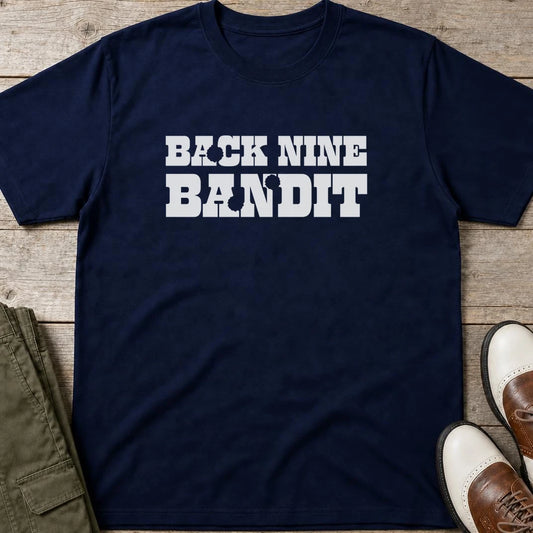 Bandit T-Shirt in Navy lying on a plain floor. T-shirt is a unisex cut and 100 per cent cotton.