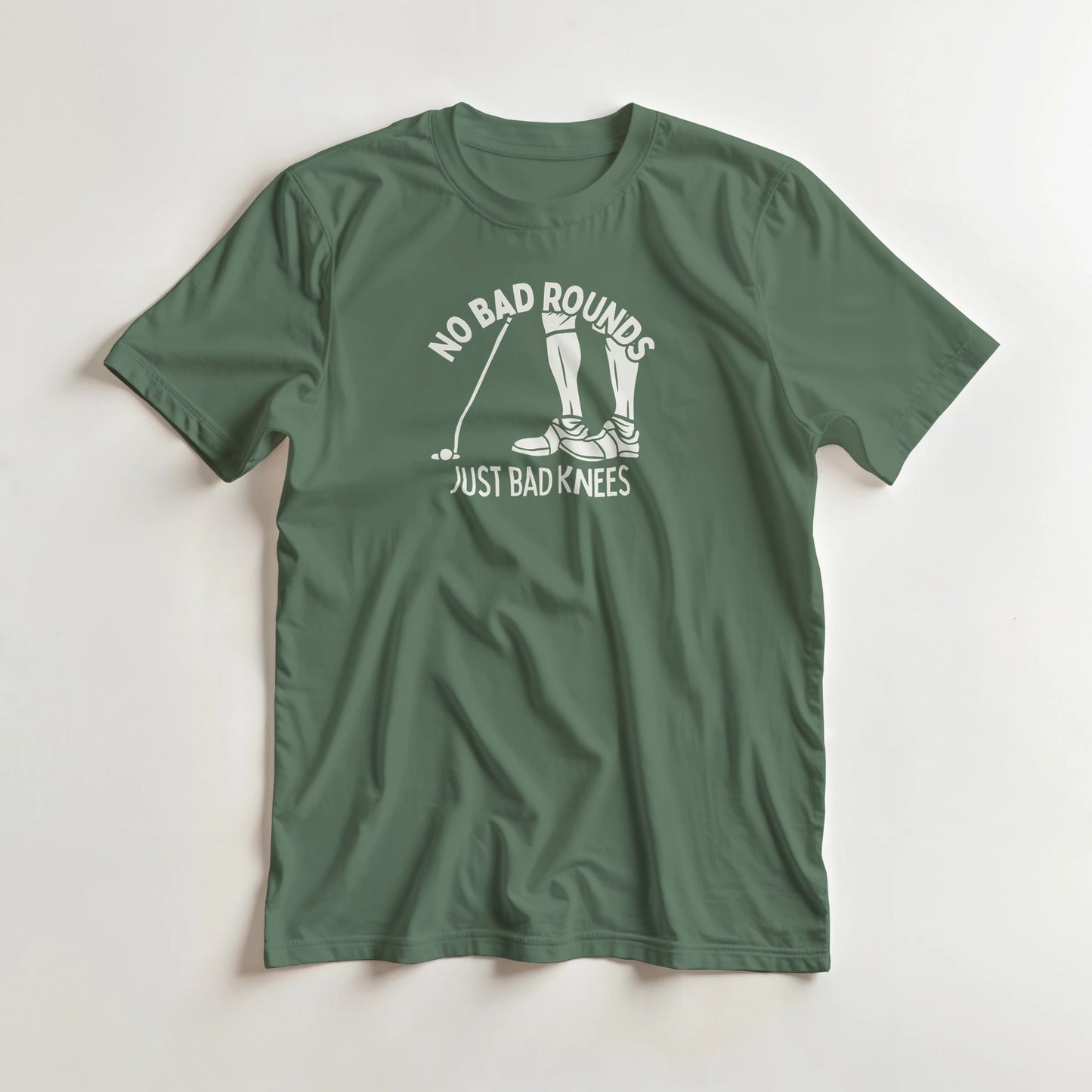 No Bad Rounds T-Shirt in Military Green lying on a plain floor. T-shirt is a unisex cut and 100 per cent cotton.
