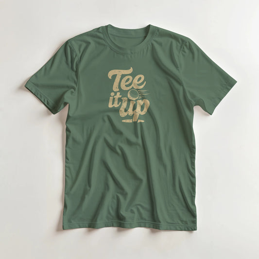Tee It Up T-Shirt in Military Green lying on a plain floor. T-shirt is a unisex cut and 100 per cent cotton.