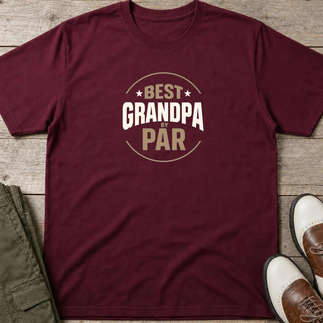 Best Grandpa T-Shirt in Maroon lying on a plain floor. T-shirt is a unisex cut and 100 per cent cotton.