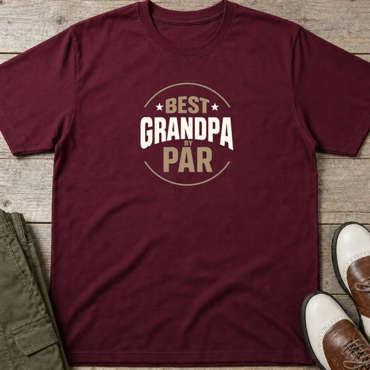 Best Grandpa T-Shirt in Maroon lying on a plain floor. T-shirt is a unisex cut and 100 per cent cotton.