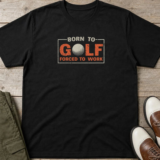 Born Golf T-Shirt in lying on a plain floor. T-shirt is a unisex cut and 100 per cent cotton.