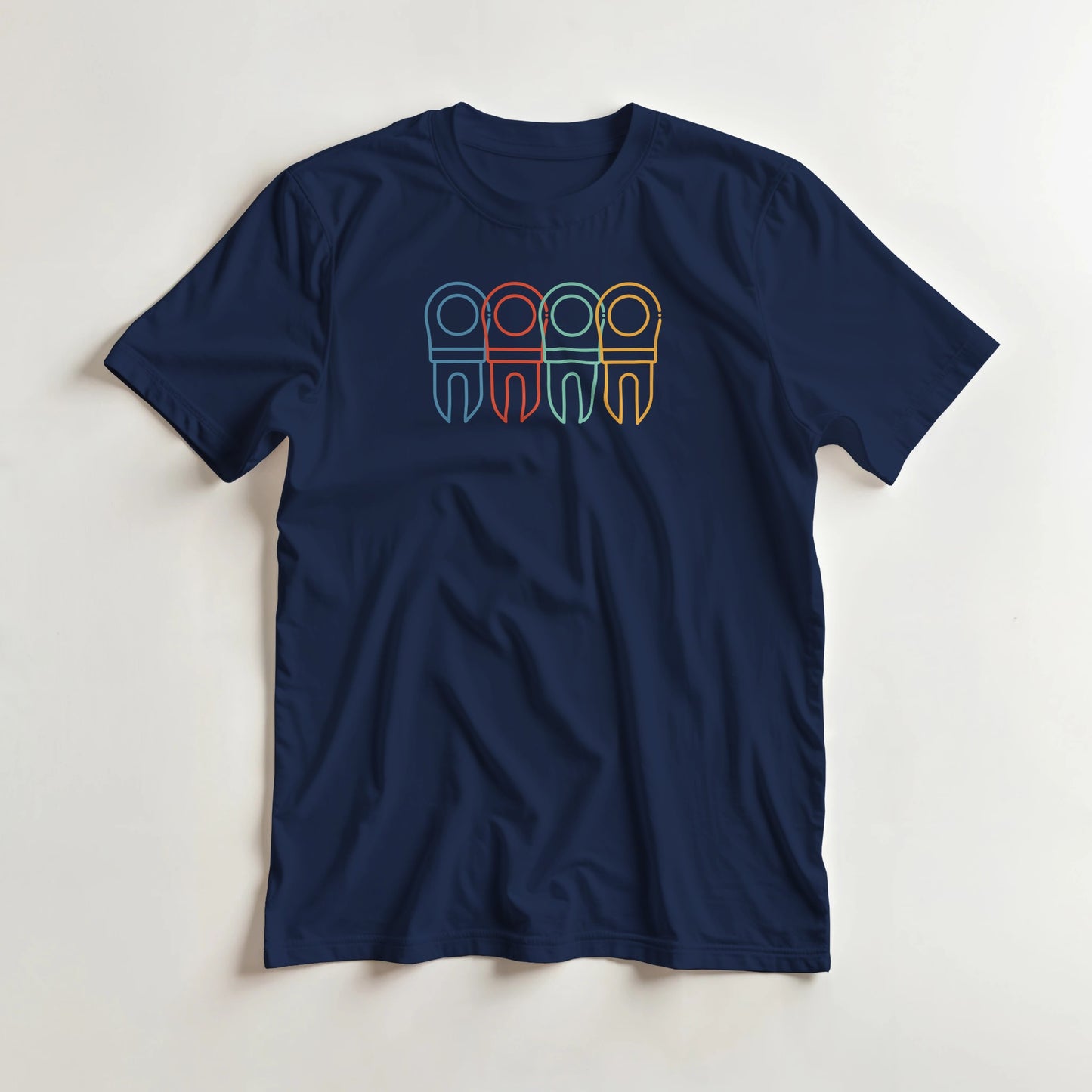 Divot Rainbow T-Shirt in Navy XL lying on a plain floor. T-shirt is a unisex cut and 100 per cent cotton.