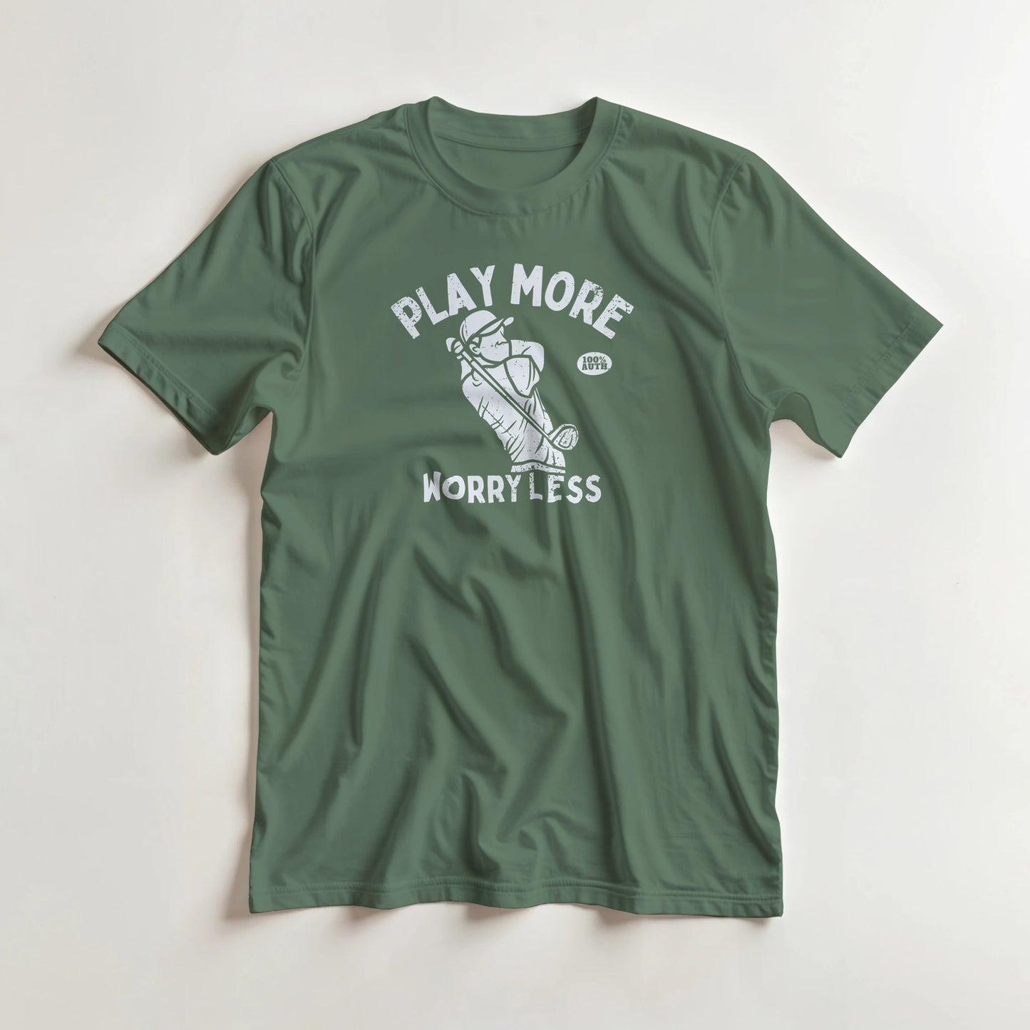 Worry Less T-Shirt in Military Green L lying on a plain floor. T-shirt is a unisex cut and 100 per cent cotton.
