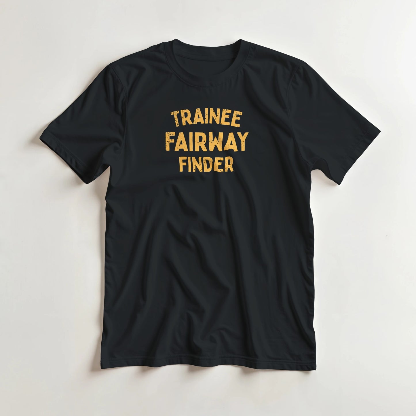 Fairway Finder T-Shirt in Black S lying on a plain floor. T-shirt is a unisex cut and 100 per cent cotton.