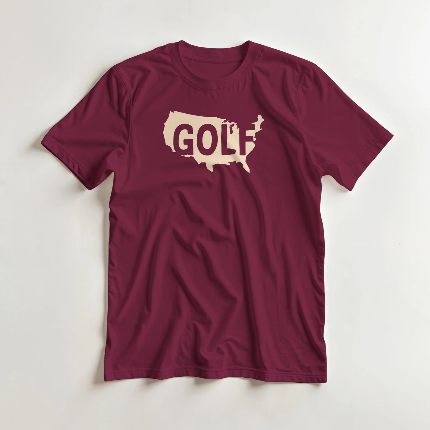 Golf USA T-Shirt in Maroon 2XL lying on a plain floor. T-shirt is a unisex cut and 100 per cent cotton.