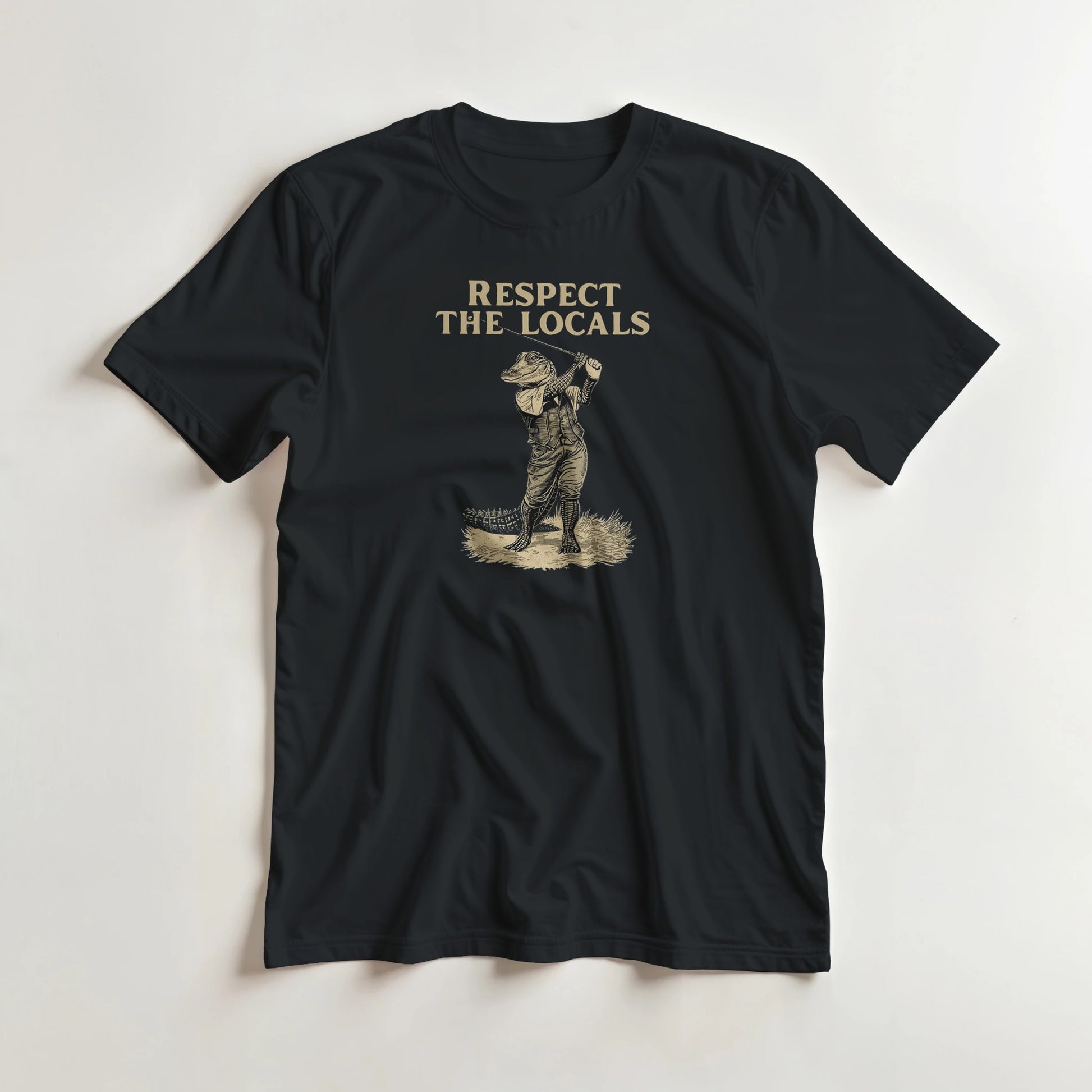 Respect The Locals T-Shirt in S lying on a plain floor. T-shirt is a unisex cut and 100 per cent cotton.