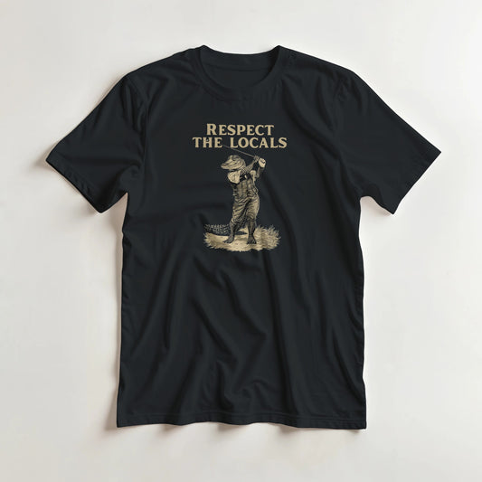 Respect The Locals T-Shirt in S lying on a plain floor. T-shirt is a unisex cut and 100 per cent cotton.