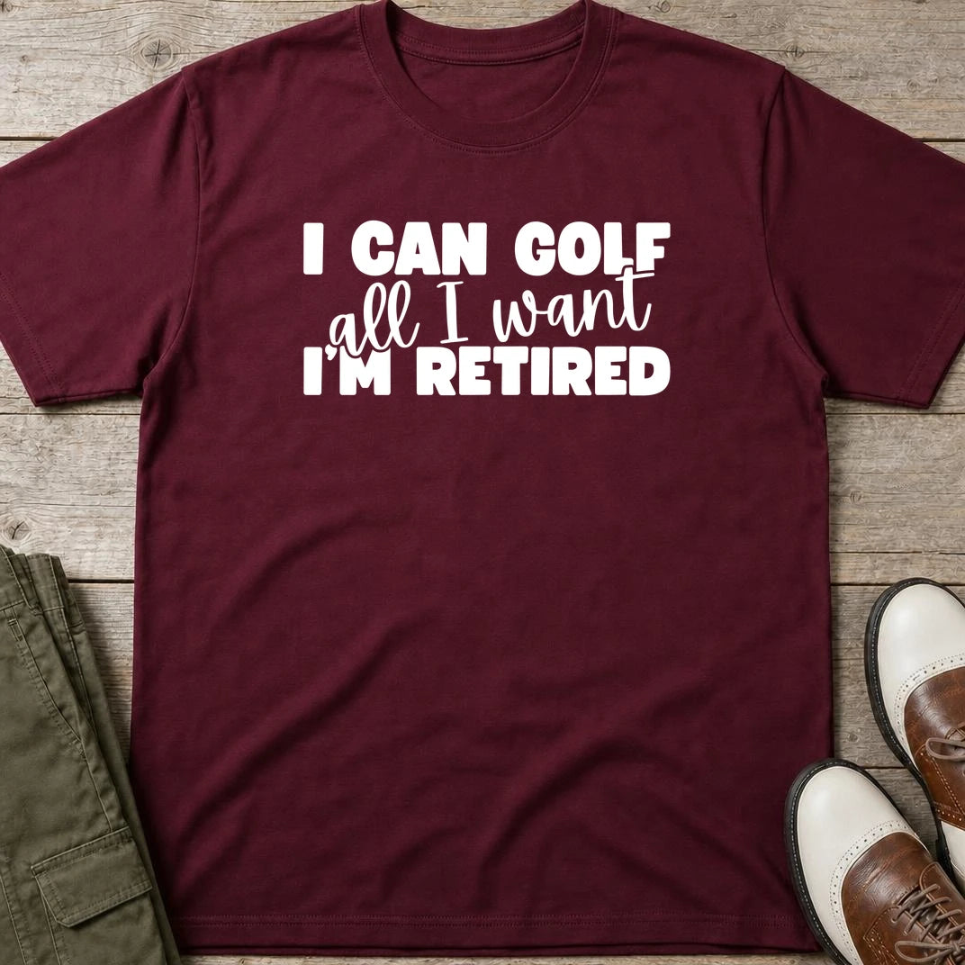 Golf All I Want T-Shirt in Maroon lying on a plain floor. T-shirt is a unisex cut and 100 per cent cotton.