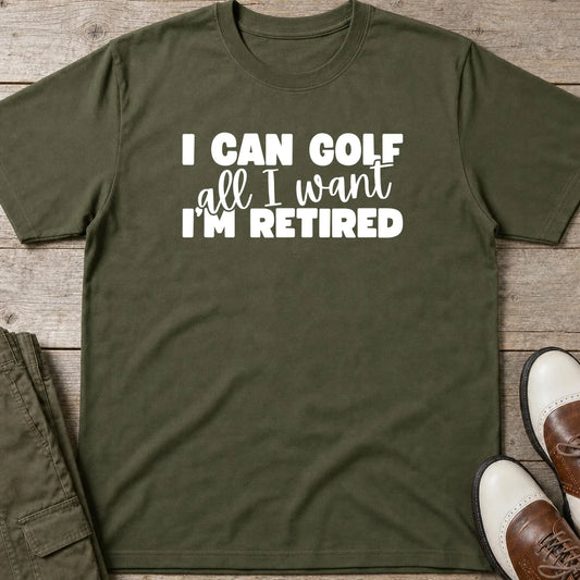 Golf All I Want T-Shirt in Military Green lying on a plain floor. T-shirt is a unisex cut and 100 per cent cotton.
